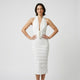 Vestido midi drapeado halter | nudo frontal estructurado | estiliza la silueta con caída elegante