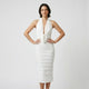 Vestido midi drapeado halter | nudo frontal estructurado | estiliza la silueta con caída elegante